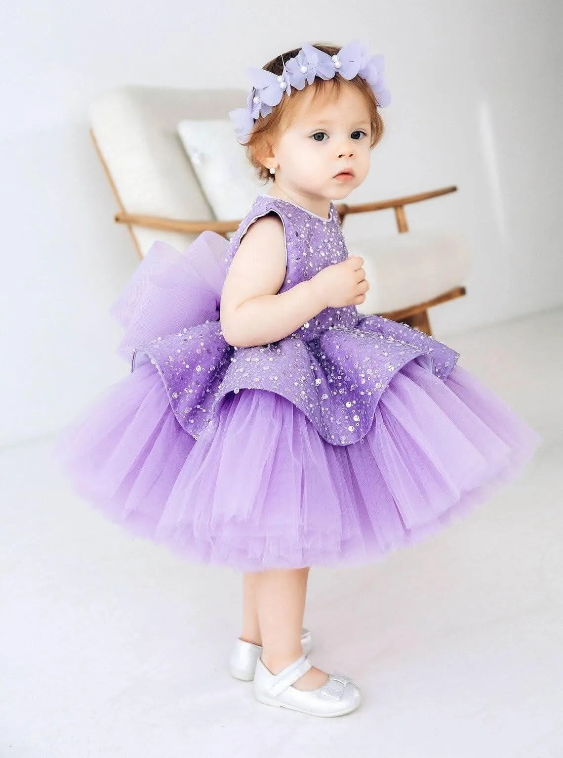 Elegant sequin baby dress, birthday party girl dress, wedding flower girl evening dress with tiara