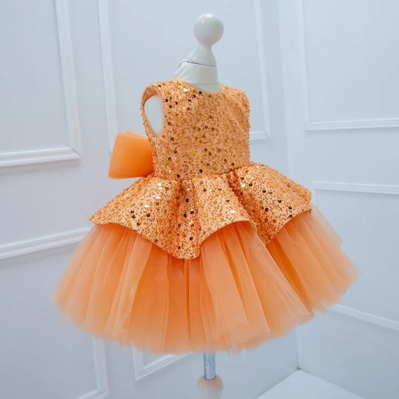 Elegant sequin baby dress, birthday party girl dress, wedding flower girl evening dress with tiara