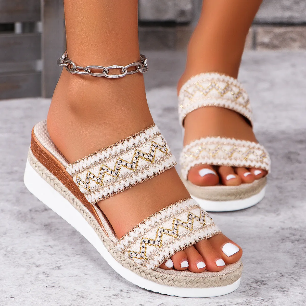 Ethnic Wavy Woven Sandals – Summer Casual Linen Wedge Slippers for Women