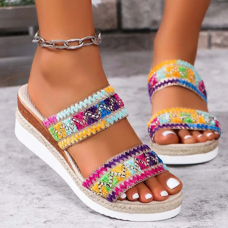 Ethnic Wavy Woven Sandals – Summer Casual Linen Wedge Slippers for Women