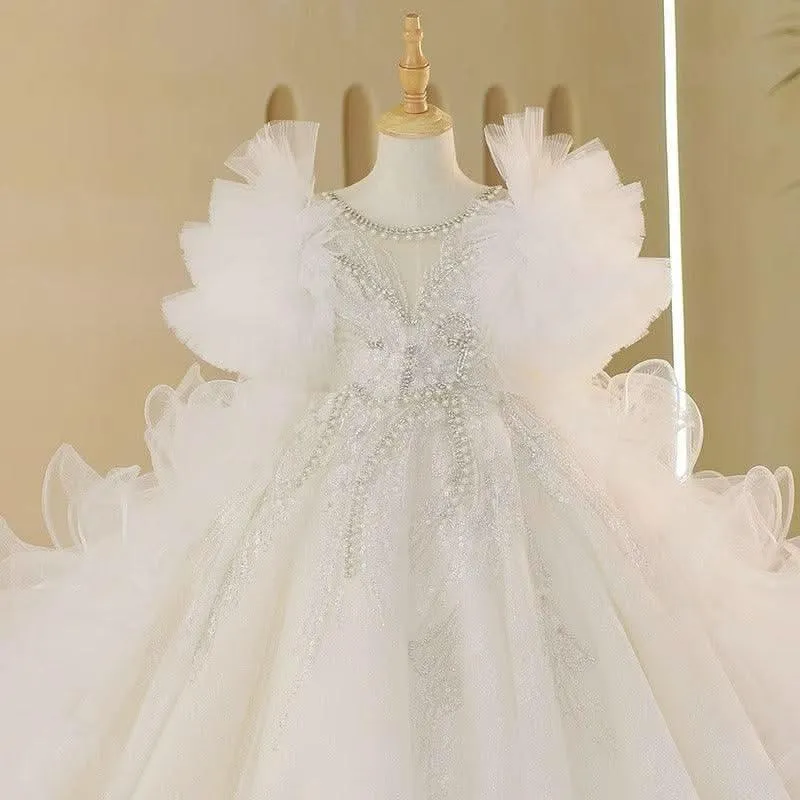 Fairy-like White Flower Girl Dress Luxurious Train Princess Dress