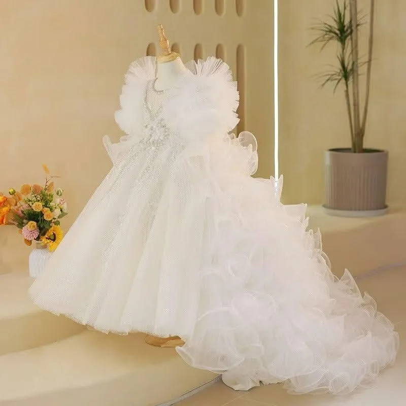 Fairy-like White Flower Girl Dress Luxurious Train Princess Dress