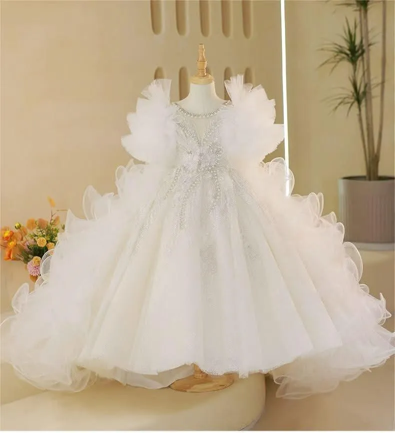 Fairy-like White Flower Girl Dress Luxurious Train Princess Dress