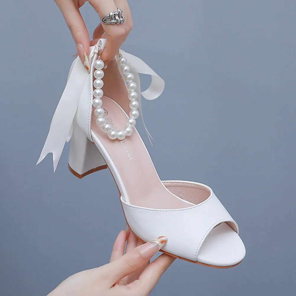 Fish Mouth One Strap Thick Heels Wedding Shoes with Pearls and Ribbons