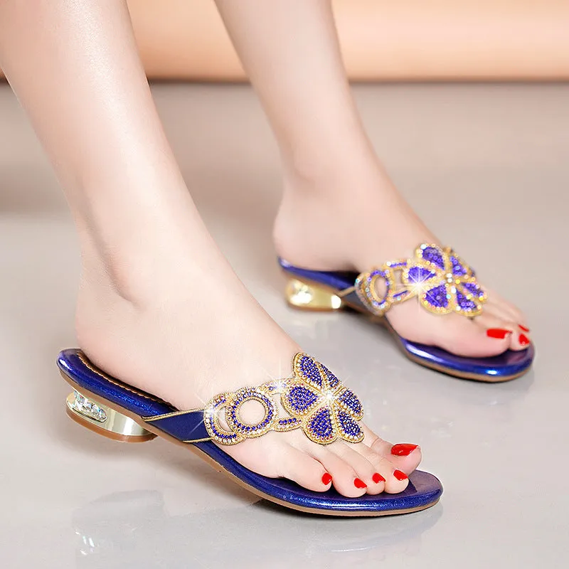 Flat Heel Rhinestone  Toe Flip Flops