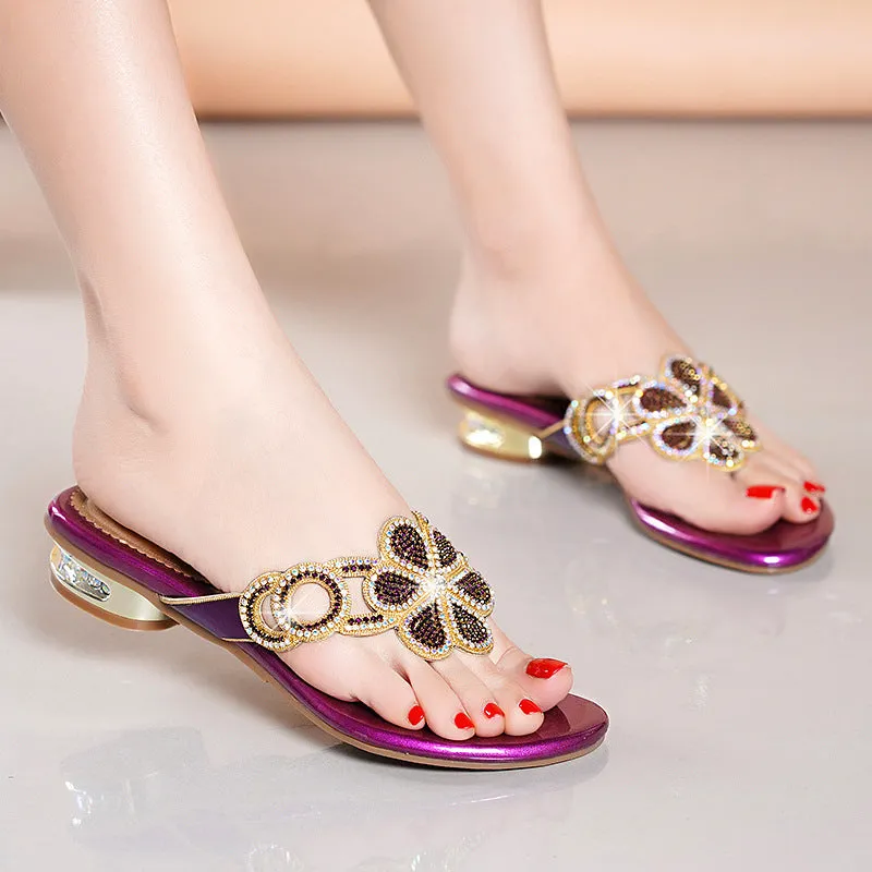 Flat Heel Rhinestone  Toe Flip Flops