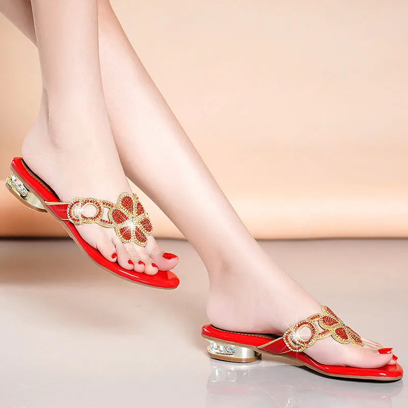 Flat Heel Rhinestone  Toe Flip Flops