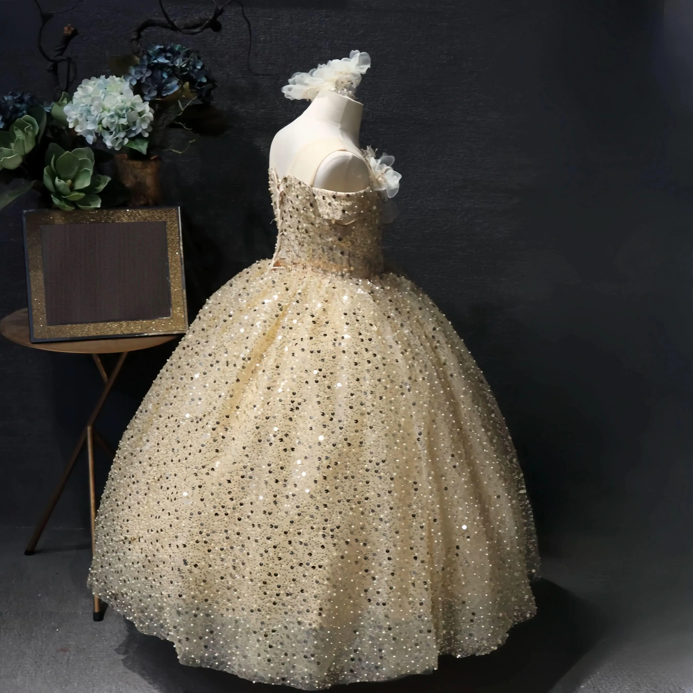 Floral Pearl Embroidery Sequin Off-Shoulder Elegant Girls Evening Dress