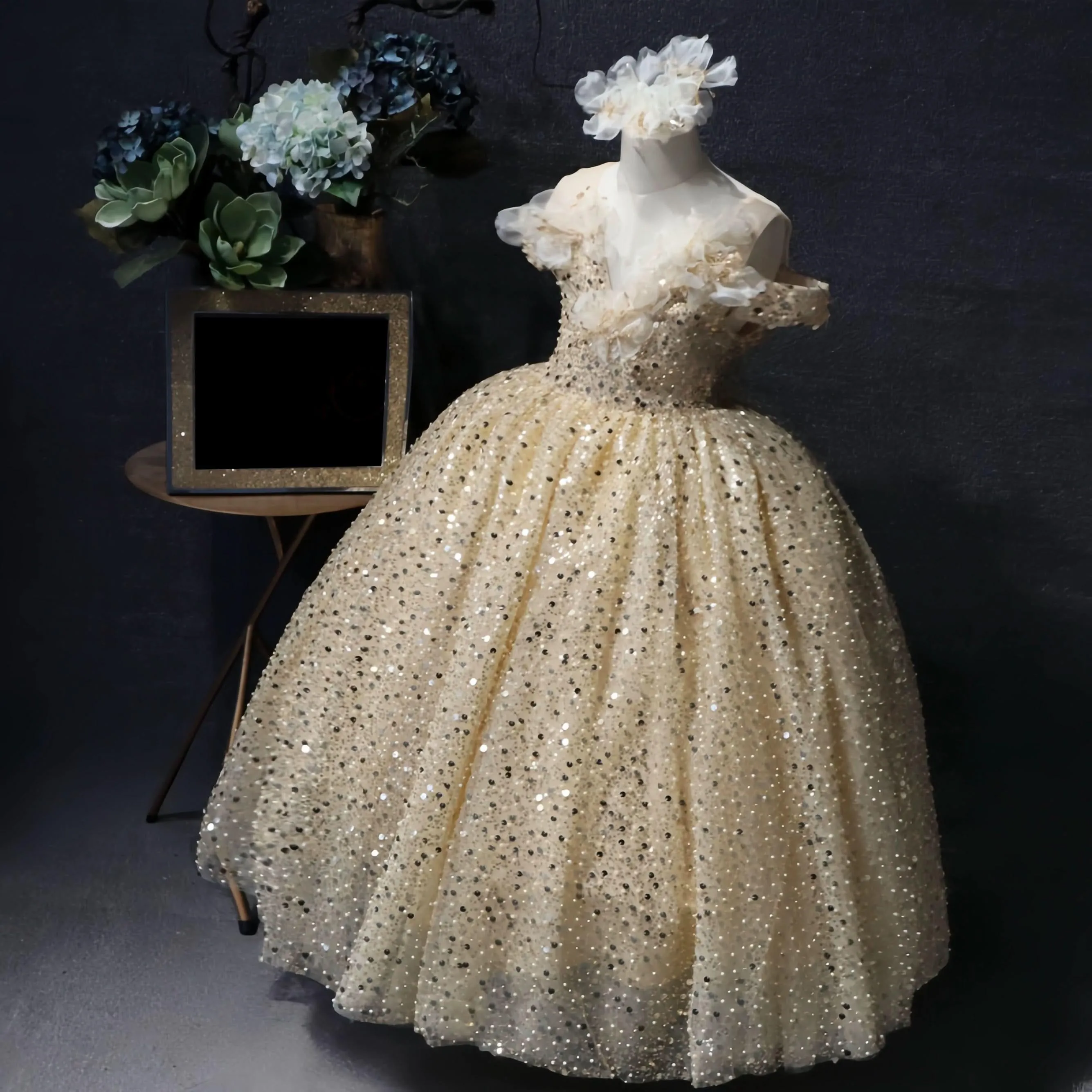 Floral Pearl Embroidery Sequin Off-Shoulder Elegant Girls Evening Dress