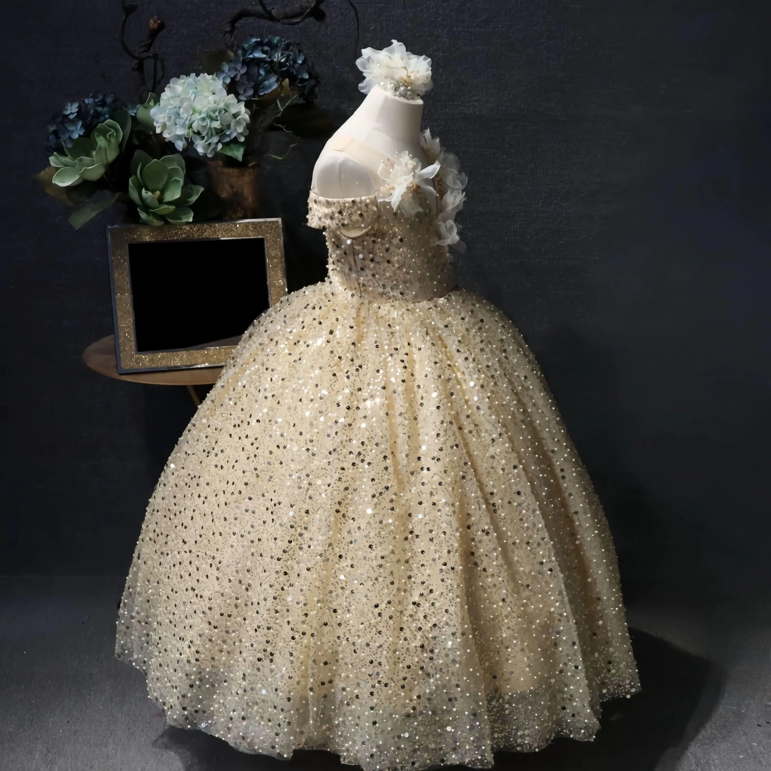 Floral Pearl Embroidery Sequin Off-Shoulder Elegant Girls Evening Dress