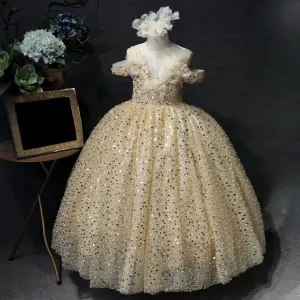 Floral Pearl Embroidery Sequin Off-Shoulder Elegant Girls Evening Dress