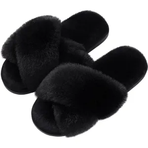 Fuzzy Slippers Cross Band Memory Foam House Slippers For Women
