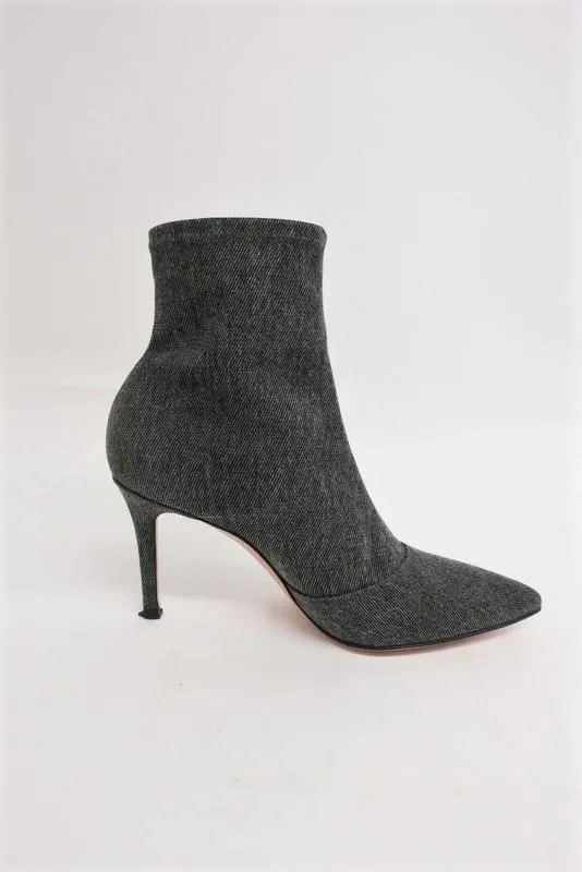 Gianvito Rossi Elite Sock Boot Gray Stretch Denim Size 36 Pointed Toe Ankle Boot
