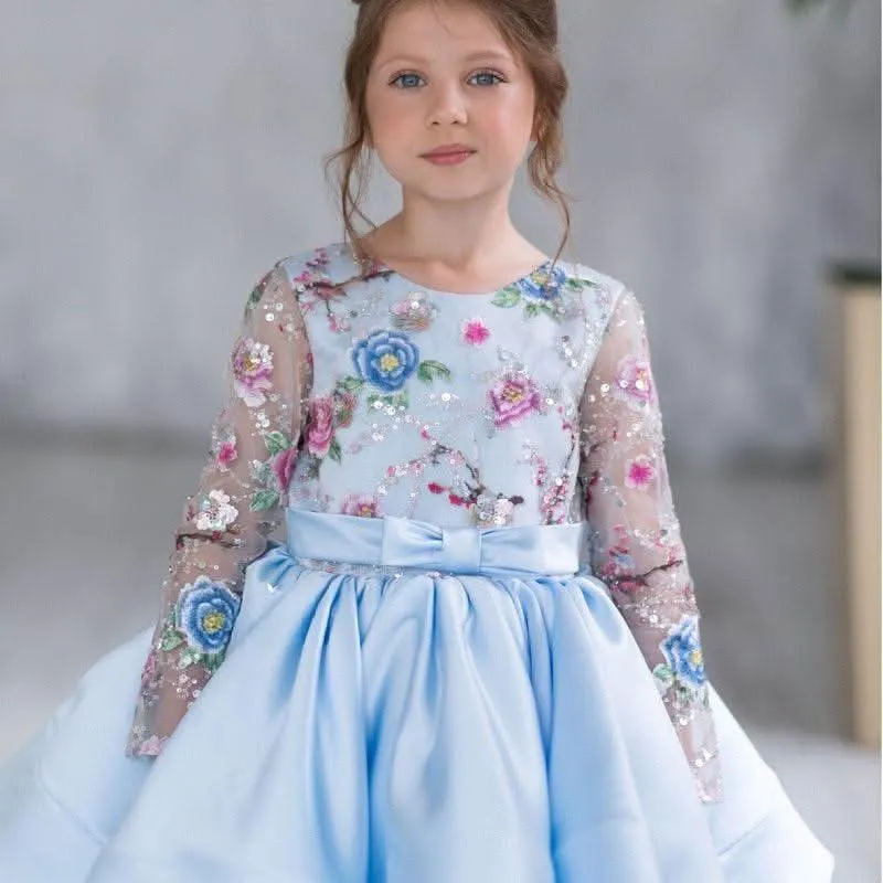 Girls embroidered bow princess dress Baby birthday party evening dress