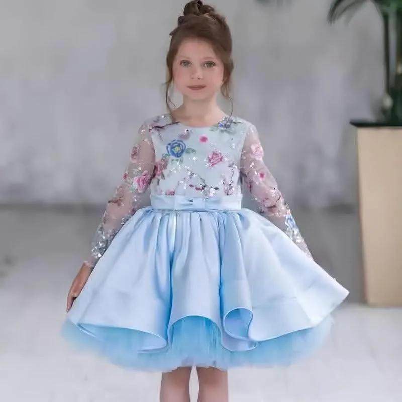Girls embroidered bow princess dress Baby birthday party evening dress