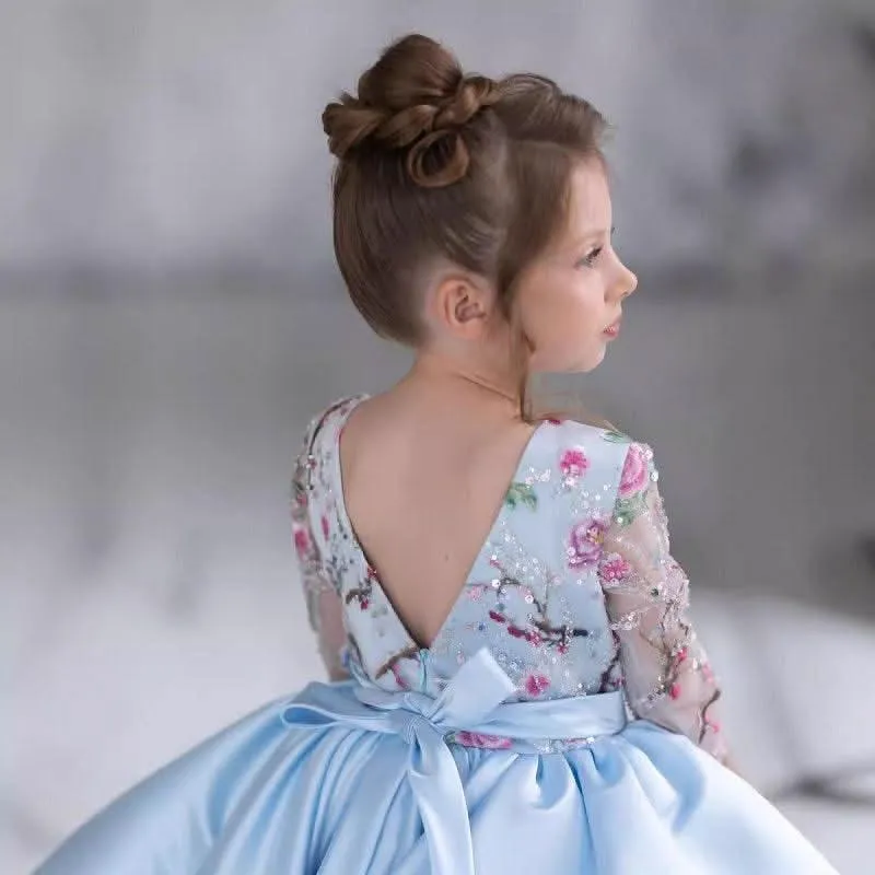 Girls embroidered bow princess dress Baby birthday party evening dress