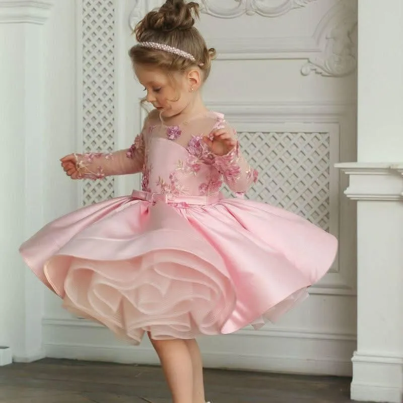 Girls embroidered bow princess dress Baby birthday party evening dress