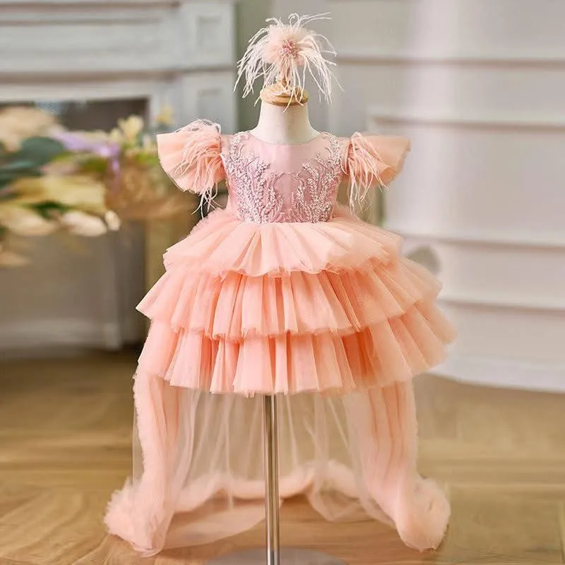 Girls tail princess dress baby sweet little flying sleeve cake dress birthday party catwalk suitable for many occasions