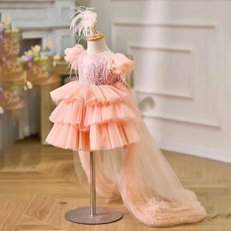 Girls tail princess dress baby sweet little flying sleeve cake dress birthday party catwalk suitable for many occasions