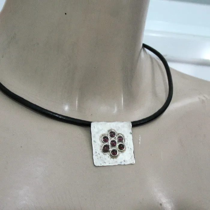 Hadar Designers Floral Garnet Pendant Black Leather Sterling Silver Handmade(H)y
