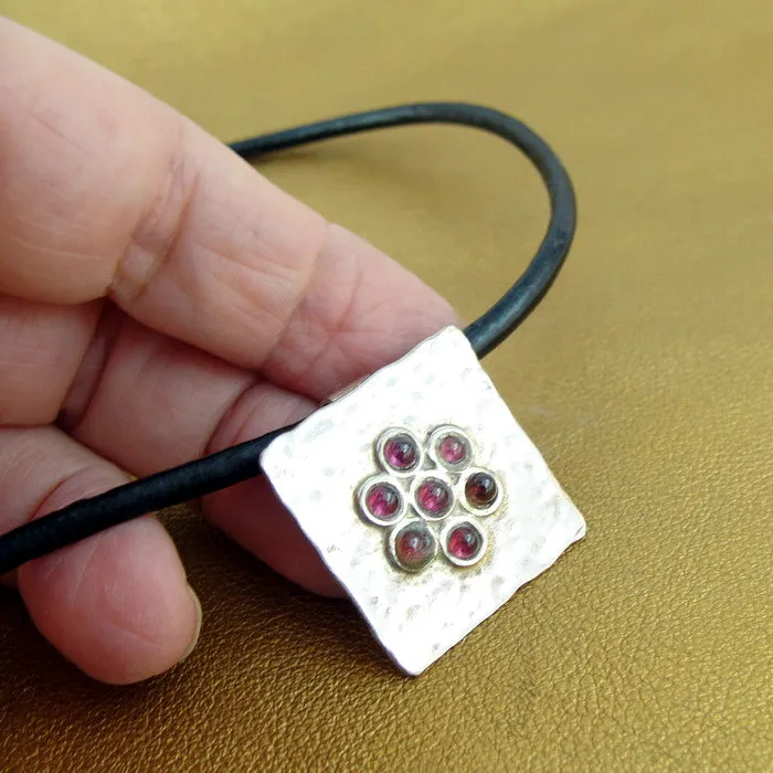 Hadar Designers Floral Garnet Pendant Black Leather Sterling Silver Handmade(H)y