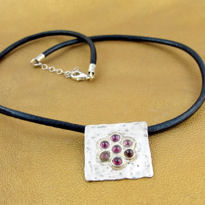 Hadar Designers Floral Garnet Pendant Black Leather Sterling Silver Handmade(H)y