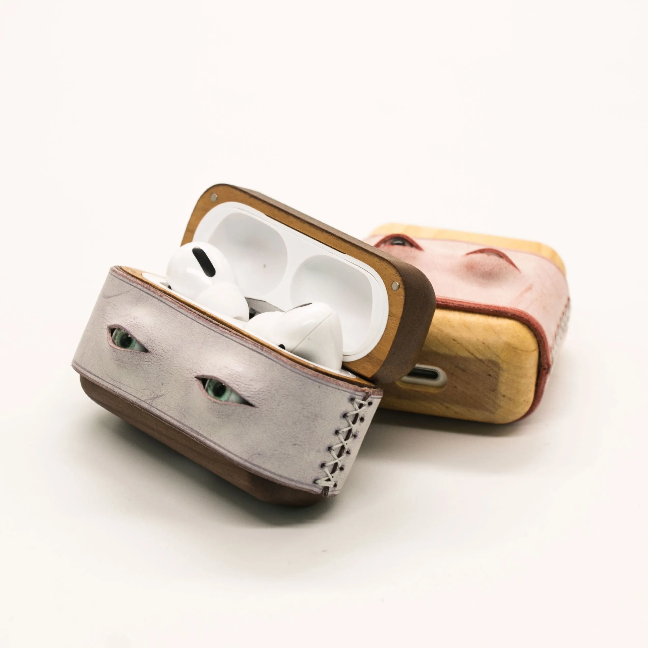 Handmade Pink Leather Wood AirPods 1,2 Case with Eyes Custom Leather AirPods 1,2 Case Airpod Case Cover