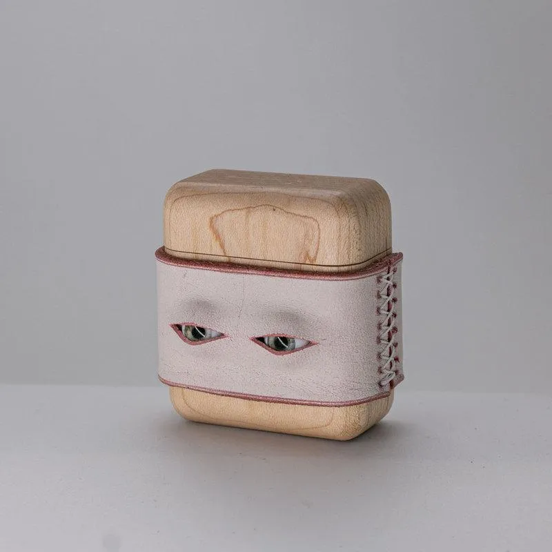 Handmade Pink Leather Wood AirPods 1,2 Case with Eyes Custom Leather AirPods 1,2 Case Airpod Case Cover
