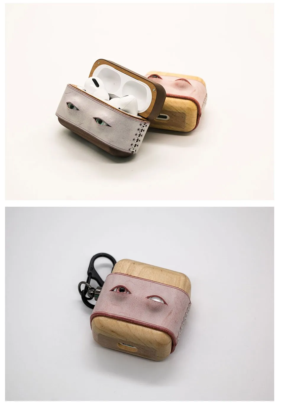 Handmade Pink Leather Wood AirPods 1,2 Case with Eyes Custom Leather AirPods 1,2 Case Airpod Case Cover