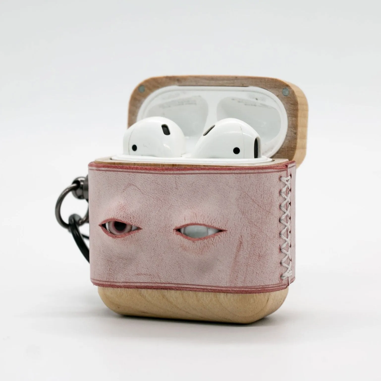 Handmade Pink Leather Wood AirPods 1,2 Case with Eyes Custom Leather AirPods 1,2 Case Airpod Case Cover