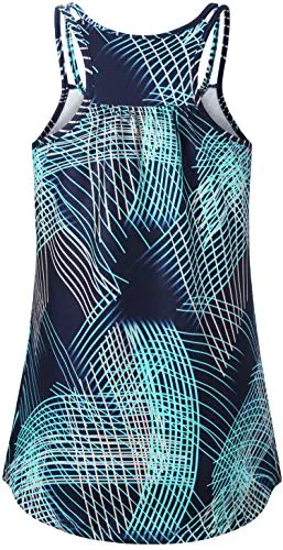 Hibelle Sport Tank Tops for Women, Fashion Summer Workout Yoga Top Racerback Running Exercise Tanks Shirts Tennis Gym Athletic Clothes Active Wear Outfits Blue Pattern Large