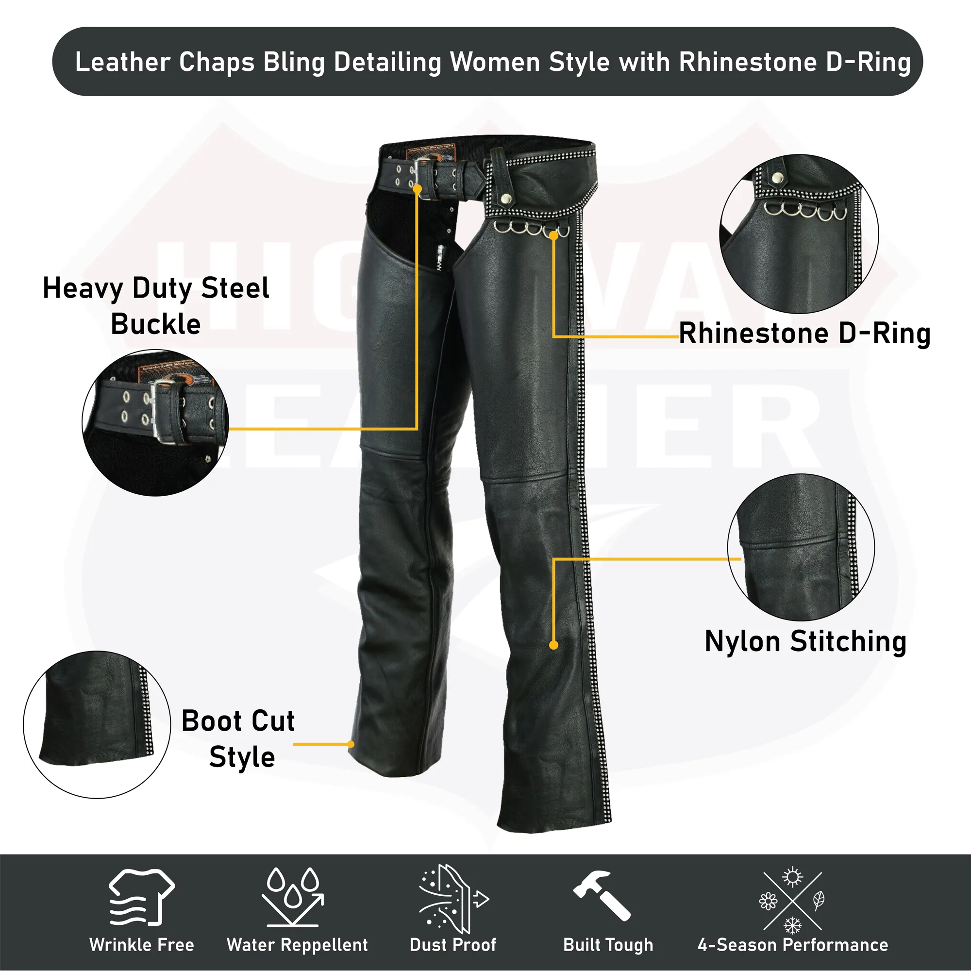 HL12801BLING Hip Hugger Leather Chaps Bling Detailing Women Style with Rhinestone D-Ring