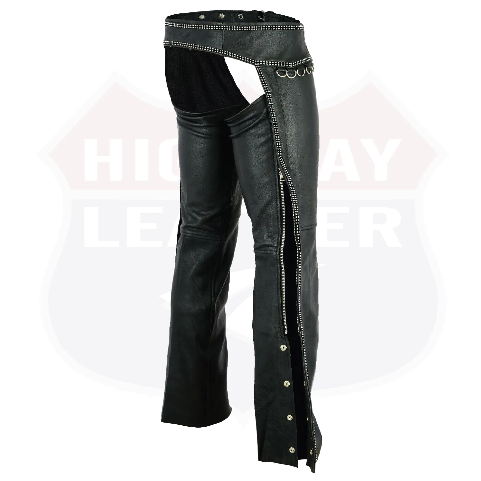 HL12801BLING Hip Hugger Leather Chaps Bling Detailing Women Style with Rhinestone D-Ring