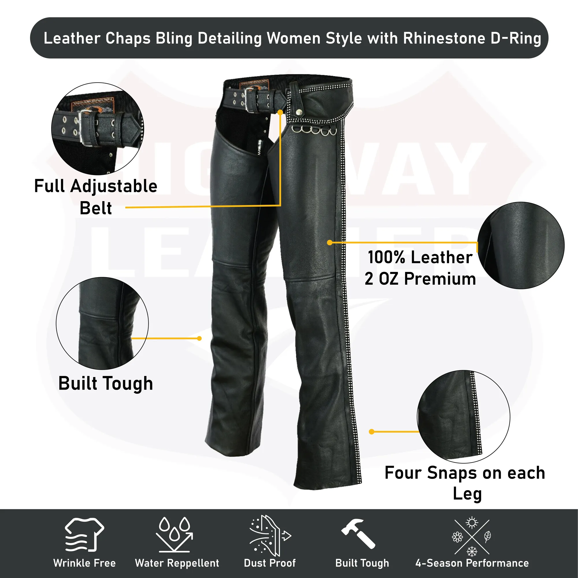 HL12801BLING Hip Hugger Leather Chaps Bling Detailing Women Style with Rhinestone D-Ring