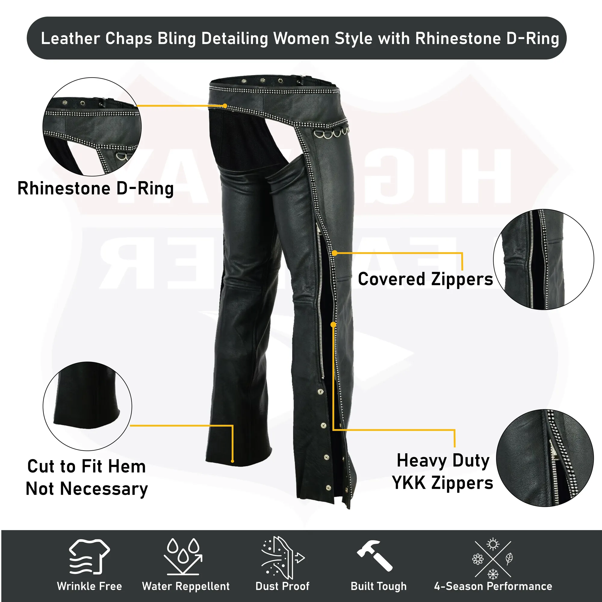 HL12801BLING Hip Hugger Leather Chaps Bling Detailing Women Style with Rhinestone D-Ring