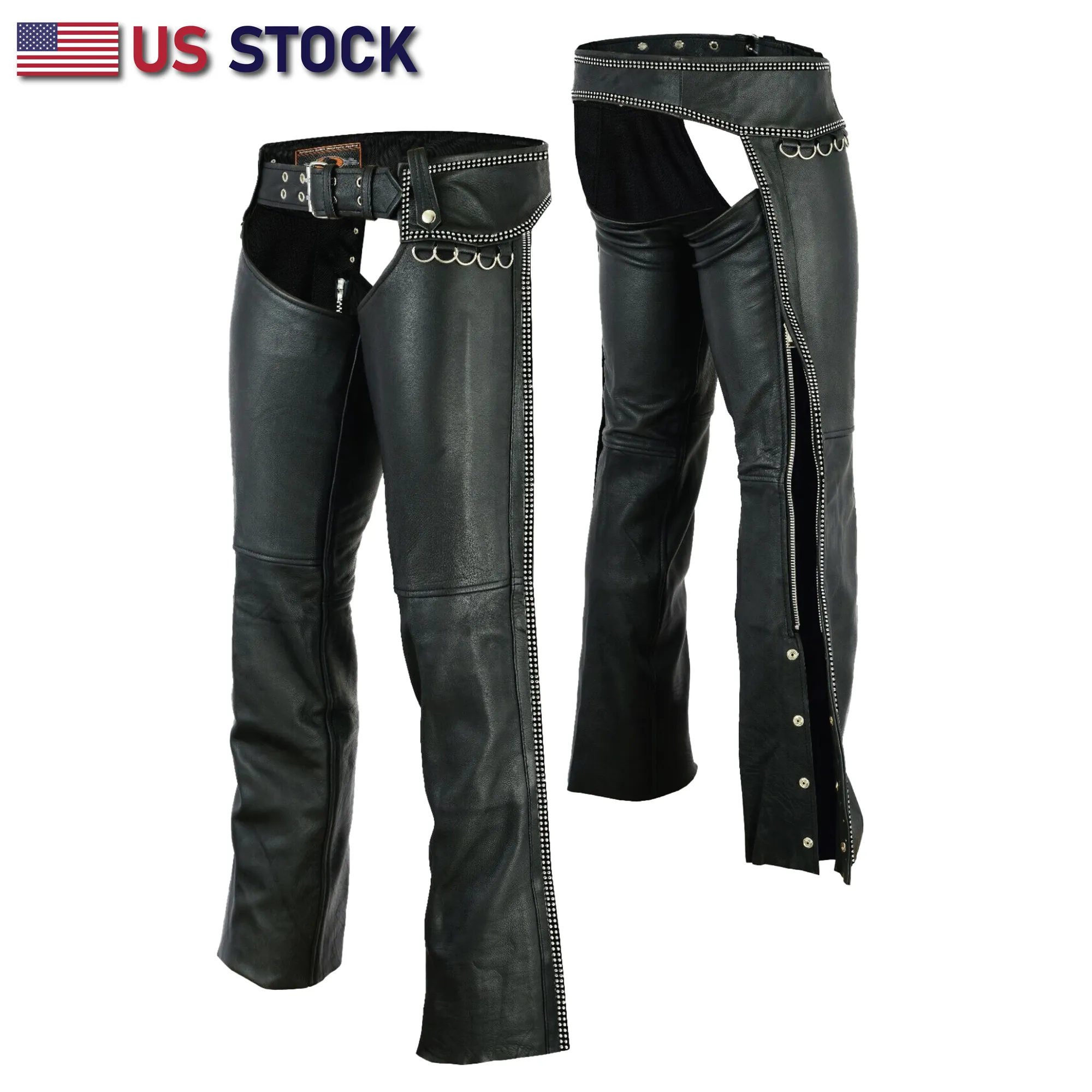 HL12801BLING Hip Hugger Leather Chaps Bling Detailing Women Style with Rhinestone D-Ring