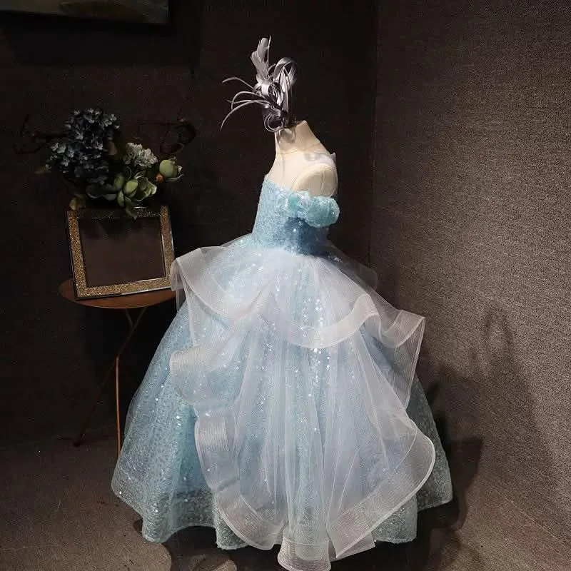 Host stage performance party dress sequin mesh elegant girl princess dress