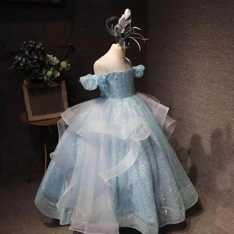 Host stage performance party dress sequin mesh elegant girl princess dress