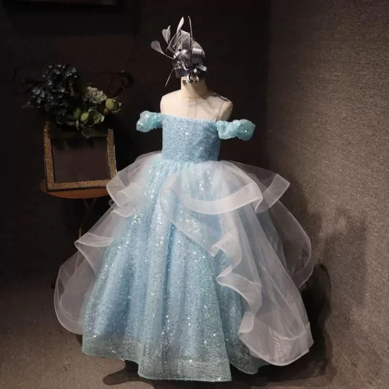 Host stage performance party dress sequin mesh elegant girl princess dress