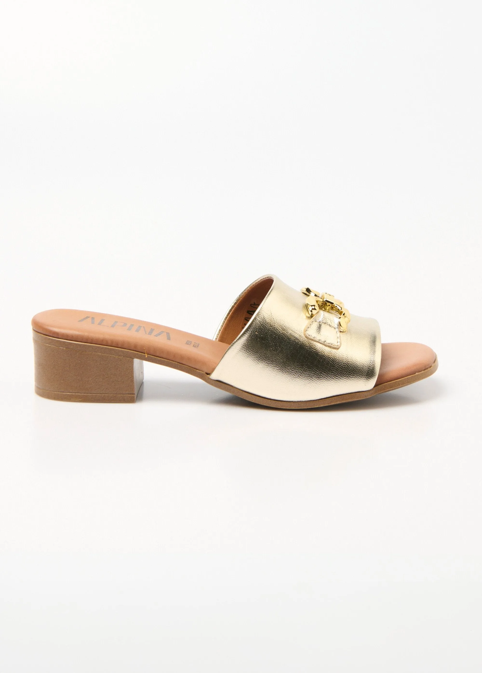 Leather mules with heels and metal detail