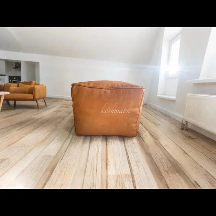 Leather Square Ottoman Poufs | Tan & Black Footstool | Unique Square Pouf