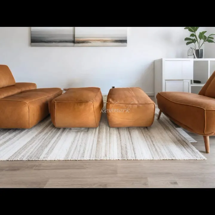 Leather Square Ottoman Poufs | Tan & Black Footstool | Unique Square Pouf