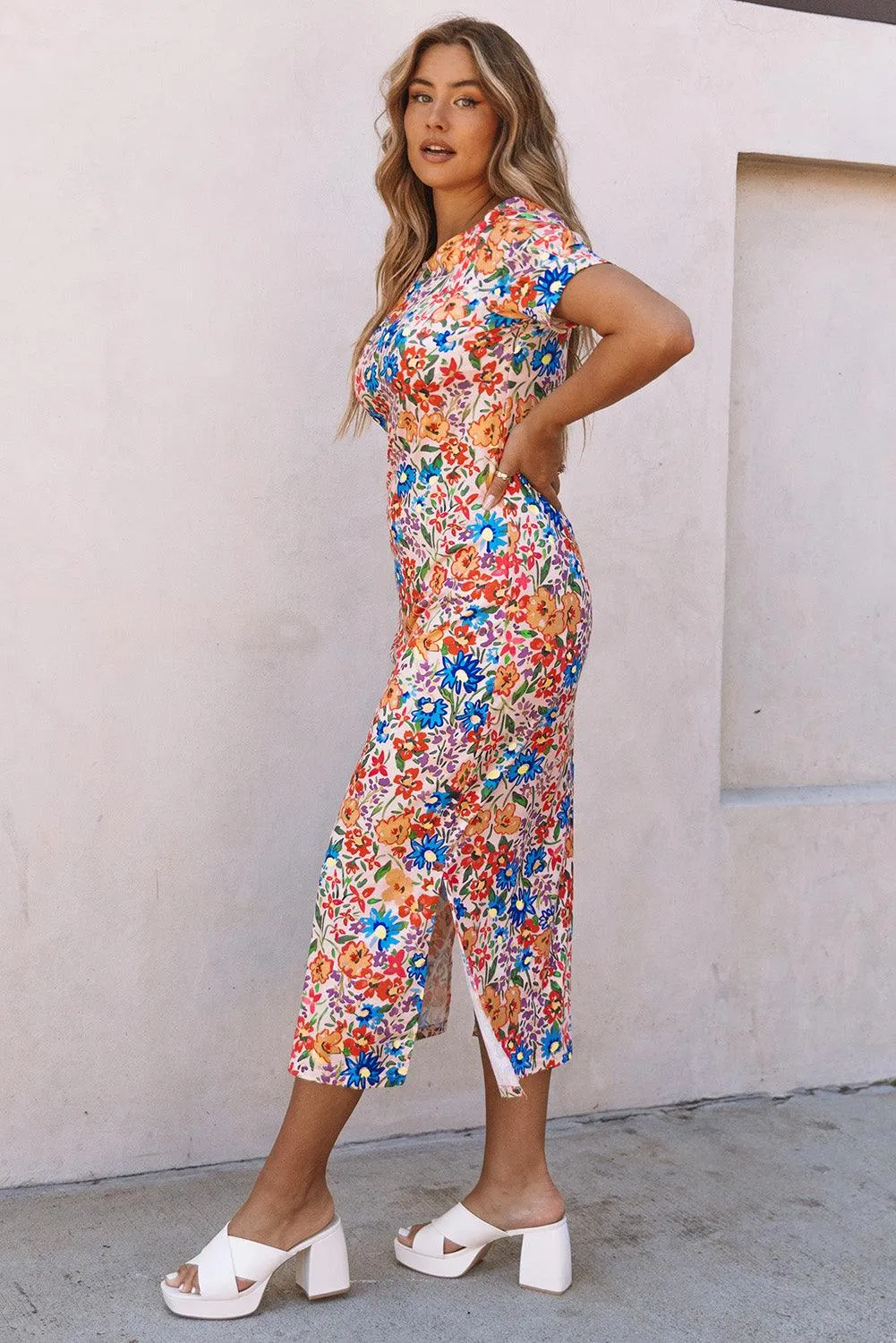 Long Floral Short Sleeve Holiday Dress