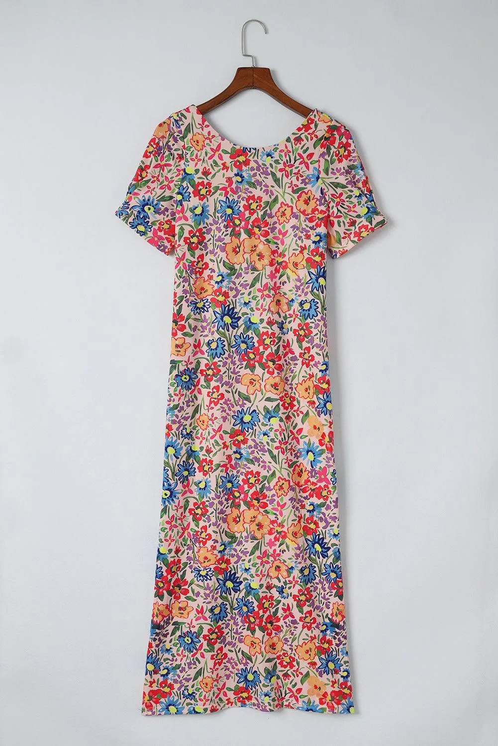 Long Floral Short Sleeve Holiday Dress