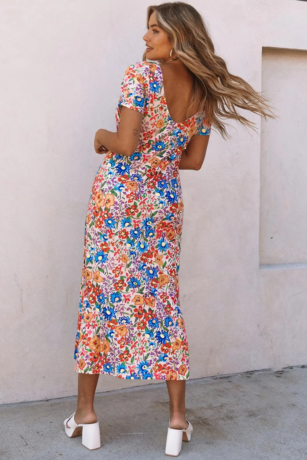 Long Floral Short Sleeve Holiday Dress