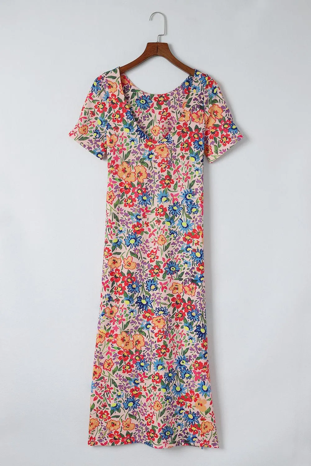 Long Floral Short Sleeve Holiday Dress