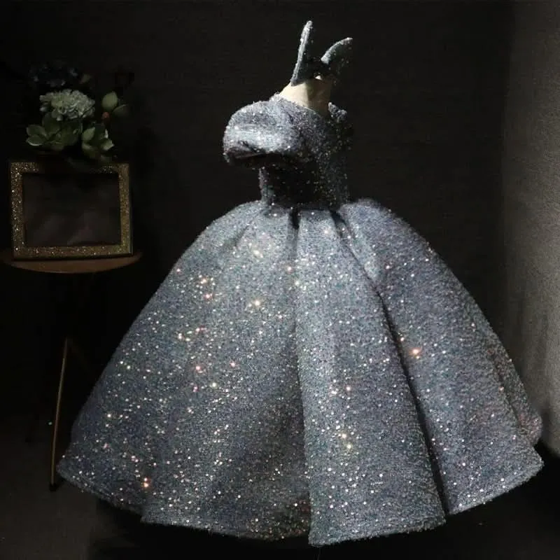 Long high-end stage performance sequin children's elegant evening dress