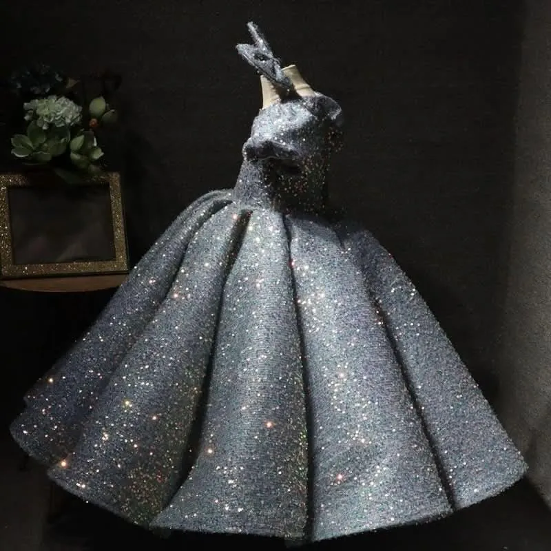 Long high-end stage performance sequin children's elegant evening dress