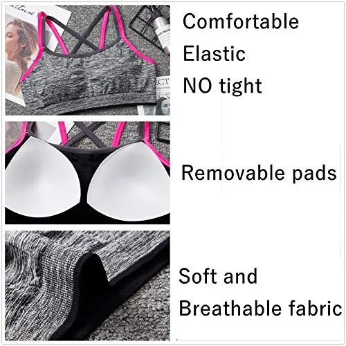 LUCKY CUP Padded Strappy Sports Bras for Women Girl Sexy Thin Underwear Crisscross Back - Activewear Tops for Yoga Running Fitness (2 Pack, S)