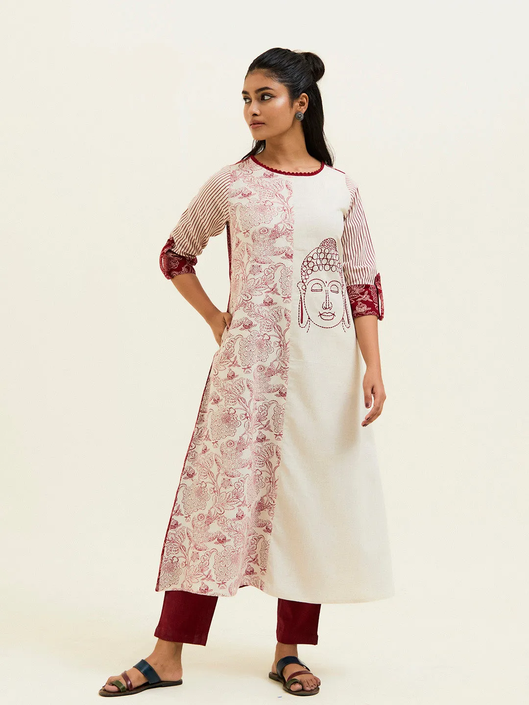 Maroon Handblock Printed Buddha Embroidered A-line Kurta